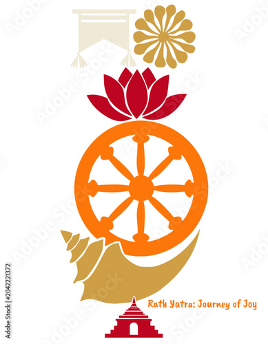 Quadro em tela Bold paper-cutout vector: conch shell, devotional flags, gold accents for Hindu