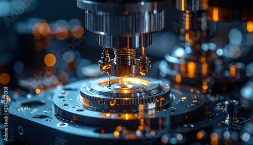 Intricate Electromechanical Actuator Device with Glowing Orange Lights and Bokeh Background, Representing Advanced Industrial Technology