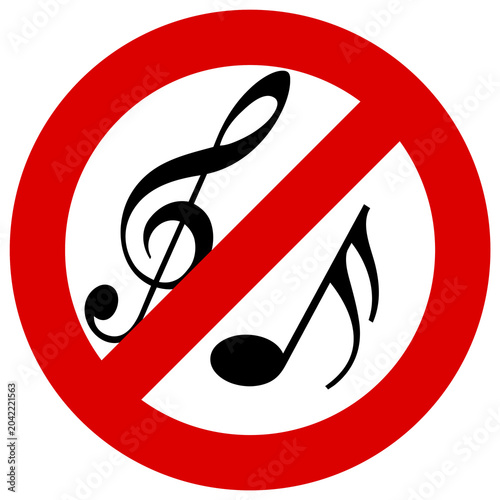 Señal de prohibido música aislada, símbolo de prohibición con clave de sol y notas musicales sobre fondo transparento.