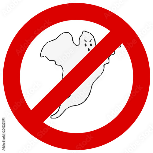 Señal de prohibido fantasmas aislada, icono de prohibición con fantasma enfadado sobre fondo transparente.