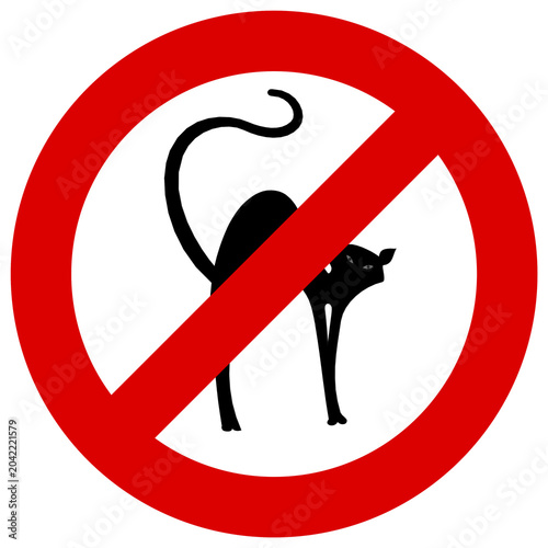 Señal de prohibido gatos aislada, símbolo de prohibición con silueta de gato negro sobre fondo transparente.