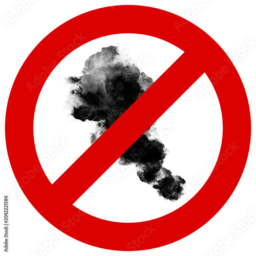 Señal de prohibido fumar o contaminar, símbolo de prohibición de humo negro sobre fondo transparente.