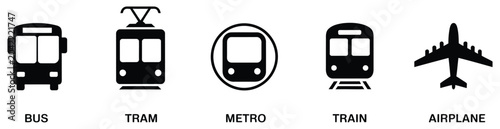 Foto Air, Auto, Railway Transport Silhouette Icon Set, stop station sign for public t
