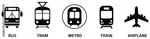 Fotografie Air Auto Railway Transport Silhouette Icon Set, public transport stop station si