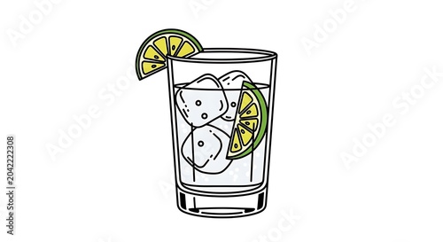 Tall glass filled with ice, clear liquid, and lime wedges