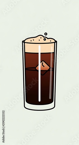 Tall glass filled with dark beverage, frothy top, and ice cube