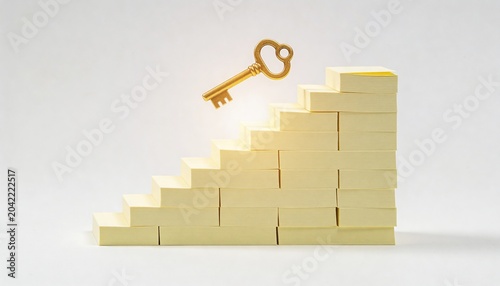 Gold key on rising staircase of blocks symbolizing opportunity