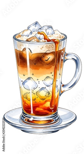 Tall glass of iced coffee with caramel drizzle, creamy foam, and ice cubes
