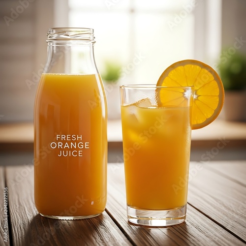 Tall glass of iced orange juice with a slice and a full bottle