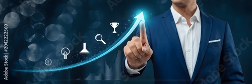 Businessman's Hand Guiding Digital Arrow towards Success, Symbolizing Business Growth, Strategic Progress, and Future Achievements in a Dynamic Corporate Environment