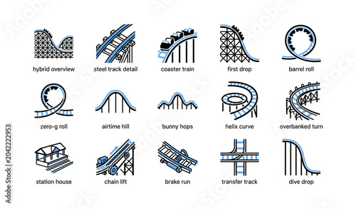 Roller coaster icons showing track elements and train on white