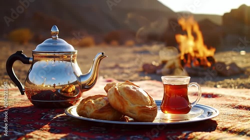 Desert Camp Tea Service with Glass Teapot, Bread, and Firelit Sunset Ambiance