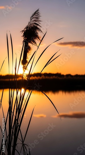 Tall grass silhouette against vibrant sunset over calm water, reflecting sky