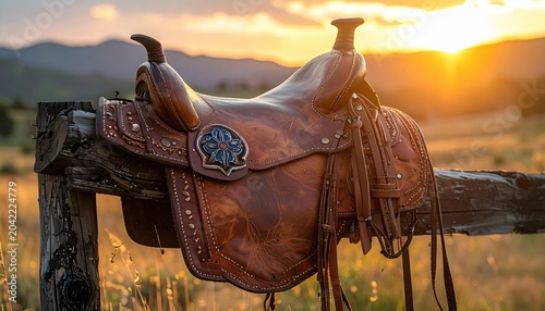 Ornate Western Leather Saddle Resting Outdoors During a Golden Sunset