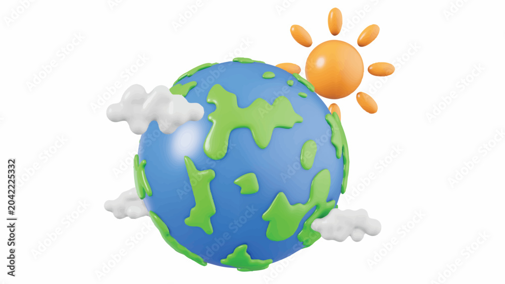 Naklejka premium A 3D illustration of the Earth with green landmasses and blue oceans, surrounded by white clouds and a bright orange sun on a plain white background.