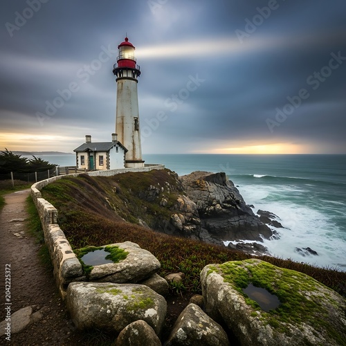 Tall, iconic lighthouse guides ships from rocky, wave-battered coast, dramatic sky