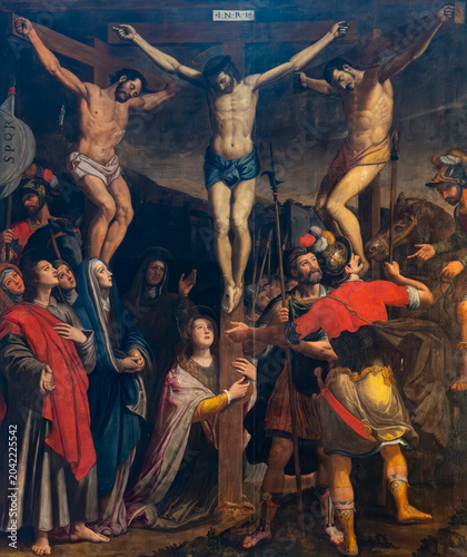Foto Painting (16th century) of Jesus Christ crucified on the cross represented with Mary, Mary Magdalene and Saint John