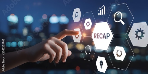 Digital transformation in business, with a hand interacting with a modern interface displaying icons representing analytics, strategy, and data
