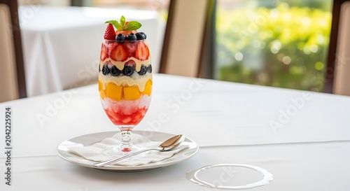 Tall layered dessert with strawberries, blueberries, mango, cream, and mint