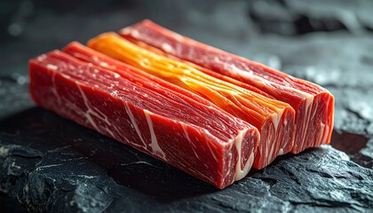 Richly marbled raw meat cuts displaying deep red hues and distinct fat striations on a dark surface