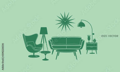 Interior design furniture and decor set in green silhouette