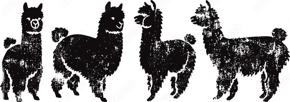 Obraz premium Four black silhouette alpacas in different poses standing side by side