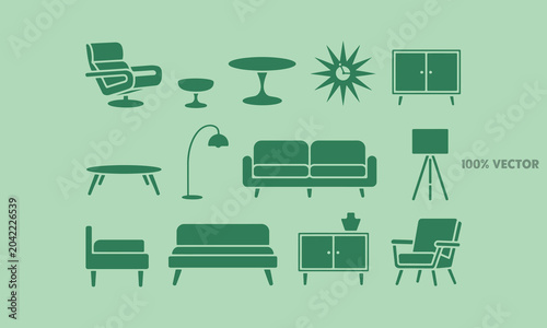 Mid century modern furniture set icons green silhouette