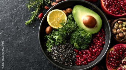 A small balanced meal is arranged on a stone table showcasing fresh vegetables, fruits, and herbs in a neat and simple layout