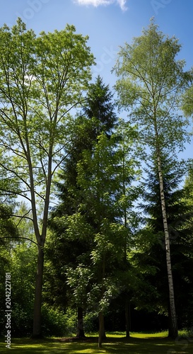 Tall, lush green trees reach toward a bright blue sky on a sunny day