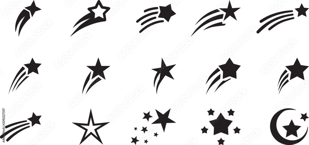 Fototapeta premium Collection of Shooting Star Icons in Black Silhouette Vector Style for Celestial Fantasy and Cosmic Design 