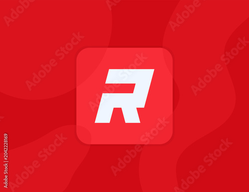 Symmetrical line logo forming the letter R framed by a red square