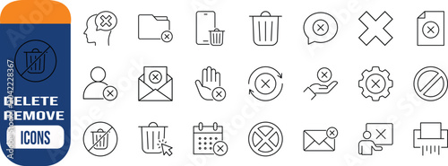 Delete error remove cross mark icons. trashcan icon set, folder icon set, mail icon set