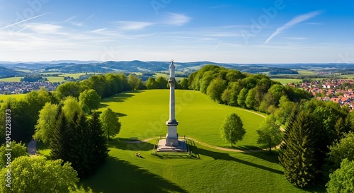 Tall monument on grassy hill surrounded by lush trees, under a blue sky