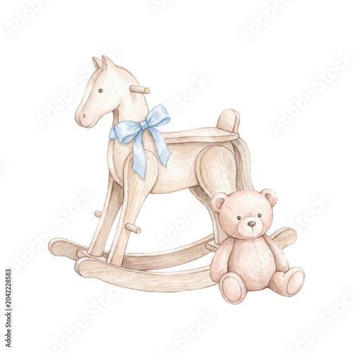 Cute Watercolor Wooden Rocking Horse and Teddy Bear Nursery Art