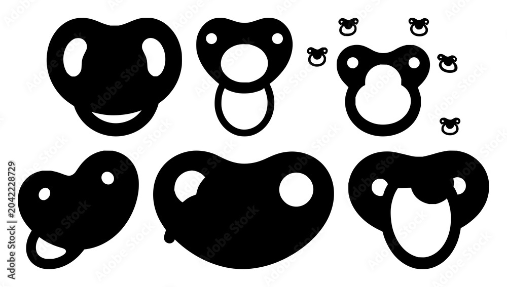 Fototapeta premium Pacifier set with sleek black silhouette against stark white background featuring infant accessories, sleep aid, baby comfort with nighttime and soothing