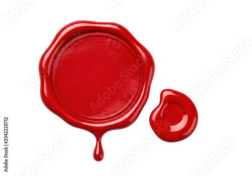 Vibrant red wax seal stamp with a smooth circular surface and a droplet of melted wax dripping down for correspondence and decoration isolated on a transparent background