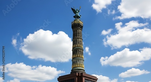Tall monument with gilded details and winged figure reaching for sky