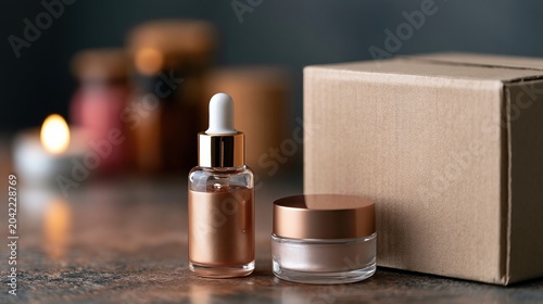Elegant Skincare Display with Bottle and Jar Beside Cardboard Box