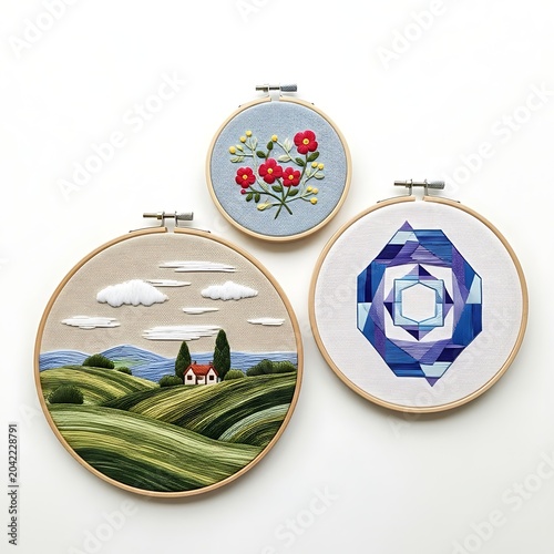 Three embroidered hoops display a vibrant landscape, a floral bouquet, and geometric patterns