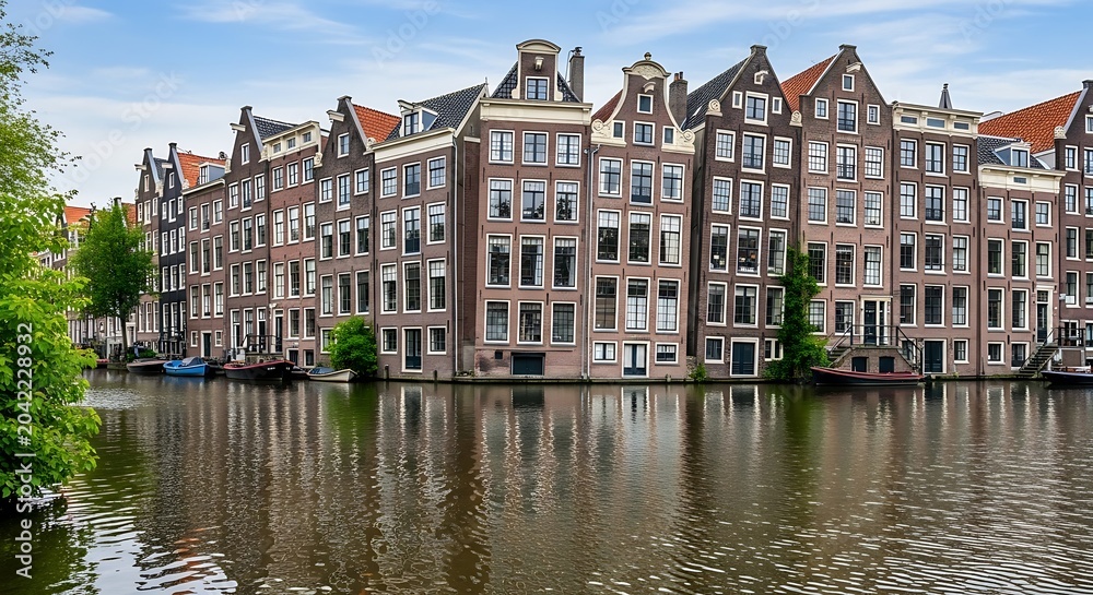 Obraz premium Tall, narrow canal houses with stepped gables reflect in calm water under a blue sky