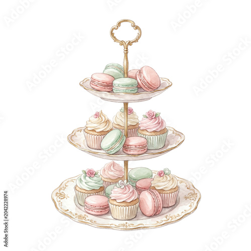 Elegant Watercolor Vintage Cake Stand with Pastel Macarons Isolated on White