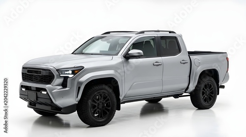 Modern White Electric Pickup Truck Isolated on White Background Futuristic Concept EV Crew Cab Truck Studio Mockup Sleek Contemporary White Pickup Truck Side View