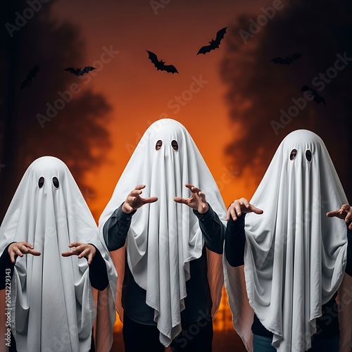 Three figures in white sheets with eyeholes, posing as ghosts, with bats