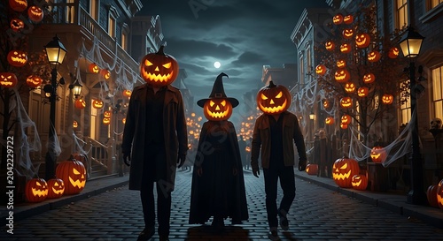 Three figures with jack-o'-lantern heads walk down a spooky, lantern-lit street on Halloween
