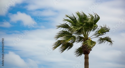 Tall palm tree sways against a bright blue sky with fluffy white clouds