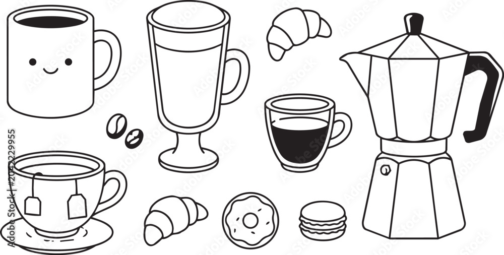 Obraz premium Coffee and Tea Time Doodles Collection Hand-Drawn Line Art Illustration