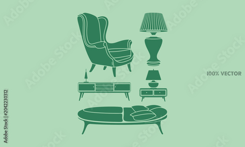 Green graphic furniture set with chair and table icons, furniture