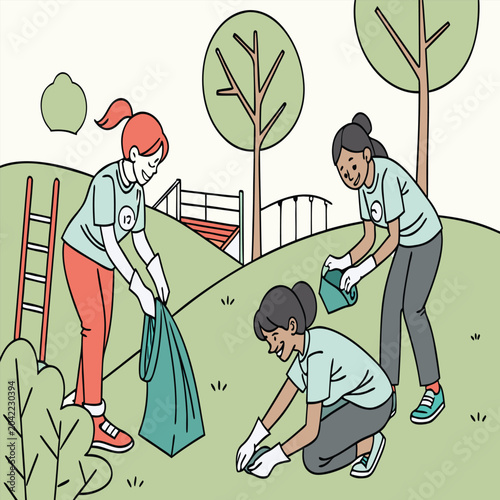 Group of volunteers cleaning up a park to protect the environment with cleaning up volunteers cleaning environment outdoors community