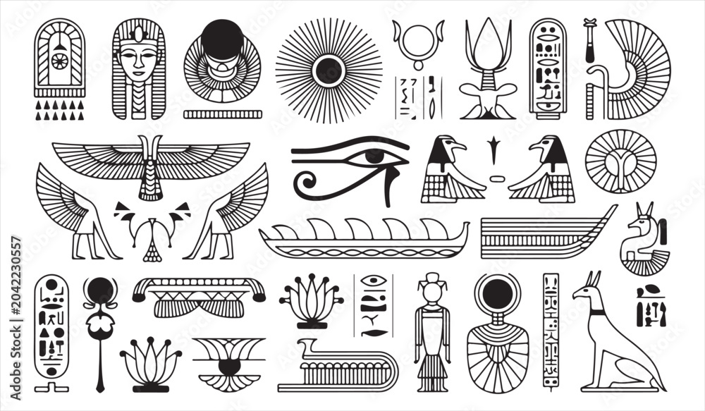 Obraz premium Egyptian Culture and Archaeology Icons Featuring Scarab Anubis and Pyramids