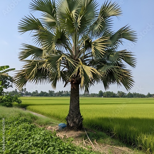 Tall palm tree stands before a vibrant green rice field under a clear blue sky